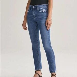 Agolde Toni Mid Rise Straight Leg Jeans Distressed Hem Mediym Wash Blue Stretchy